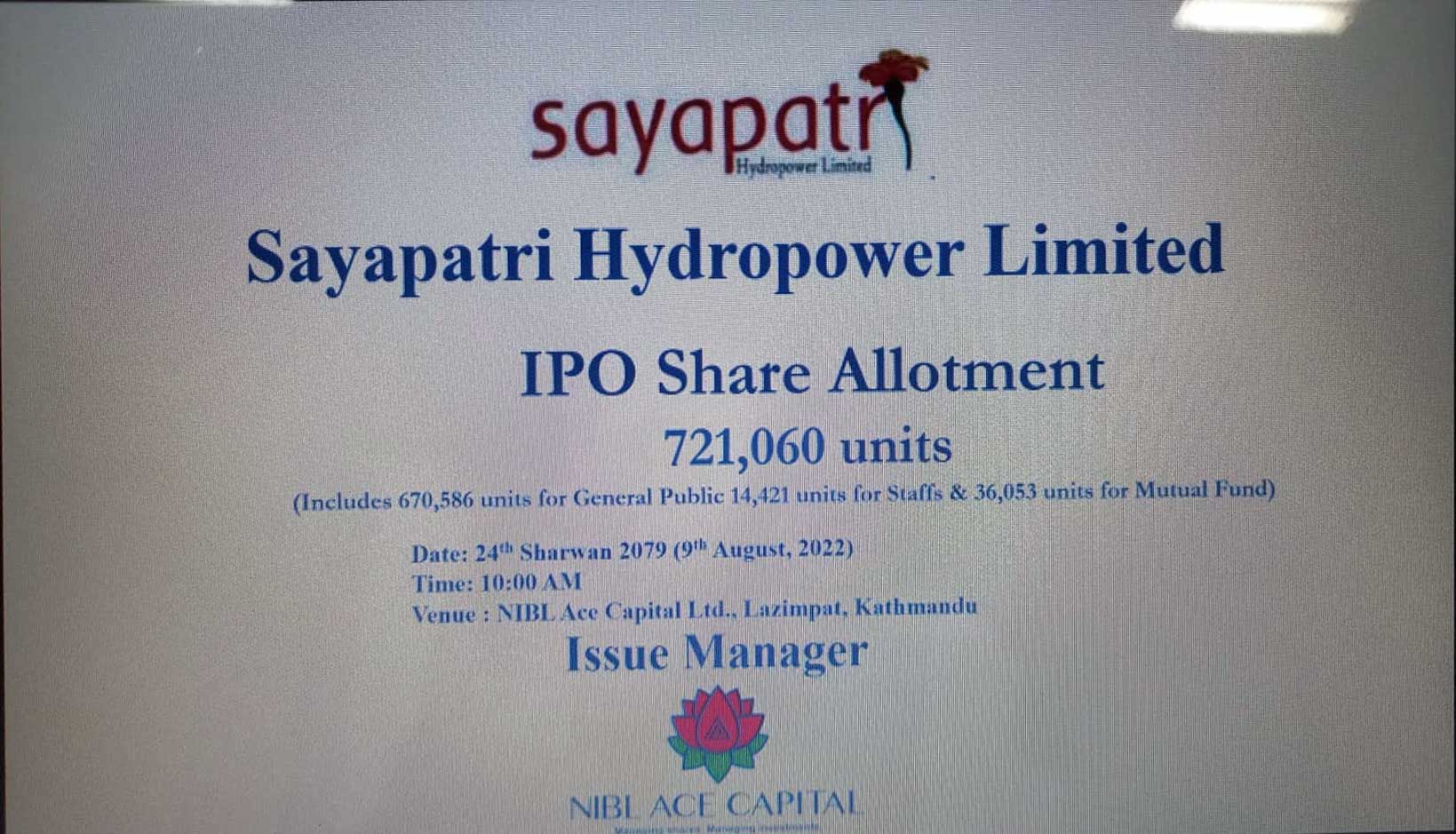 Sayapatri Hydropower Allots IPO; Lucky 6 Provided 11 Units