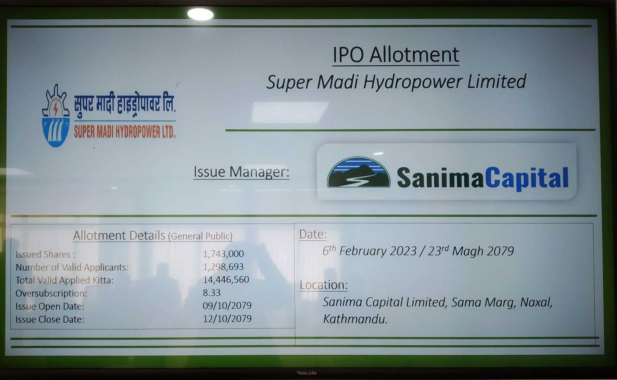 सुपर मादी हाइड्रोपावरको आईपीओ बाँडफाँट, १ लाख ७४ हजार ३०० जनाले पाए १० कित्ताका दरले शेयर