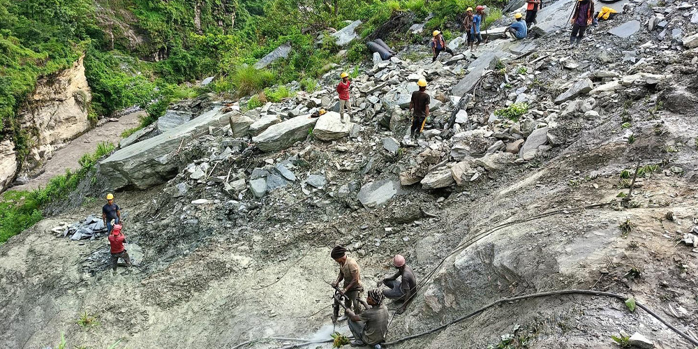 'Rock Anchoring' to prevent landslide in Baisari cliff at Beni-Jomsom road