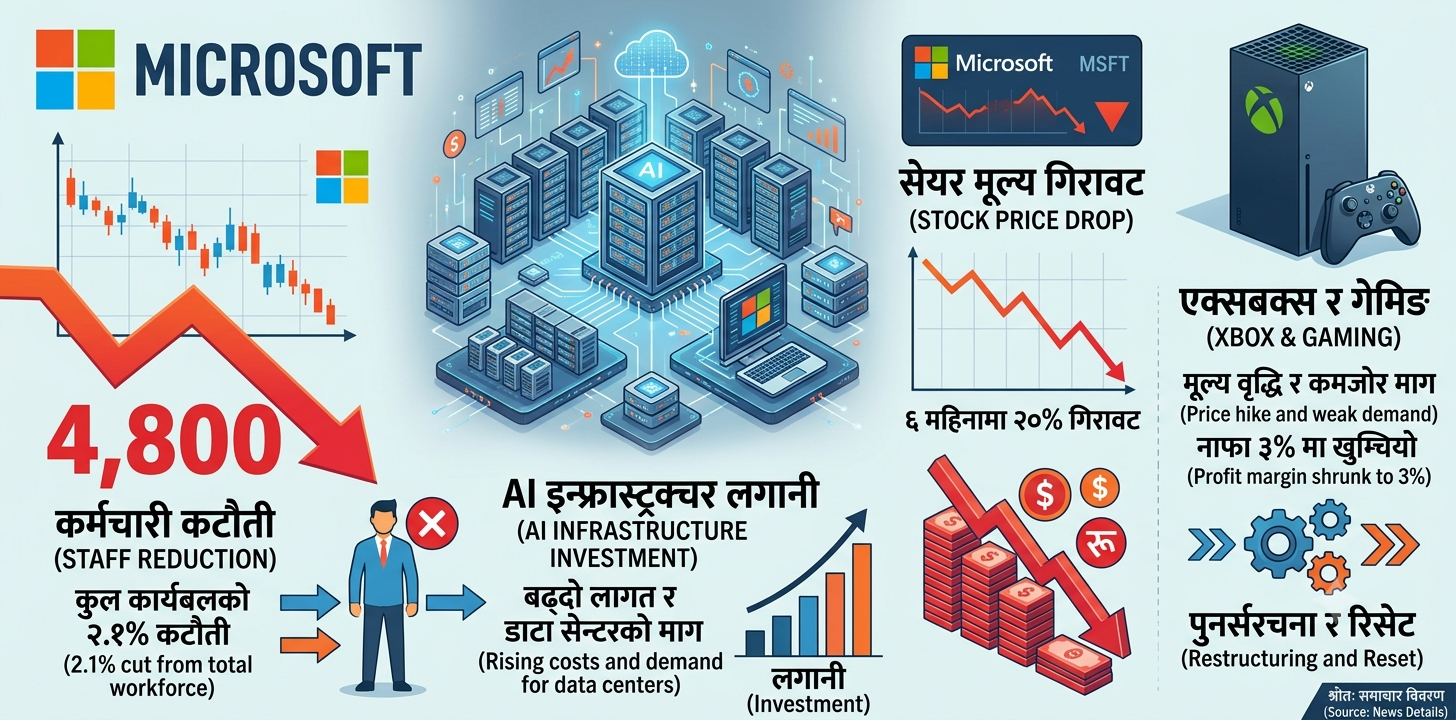 एआईमा बढ्दो खर्चका कारण माइक्रोसफ्टले ४८ सय कर्मचारीलाई जागिरबाट निकाल्यो, ६ महिनामा शेयर २०% ले घट्यो